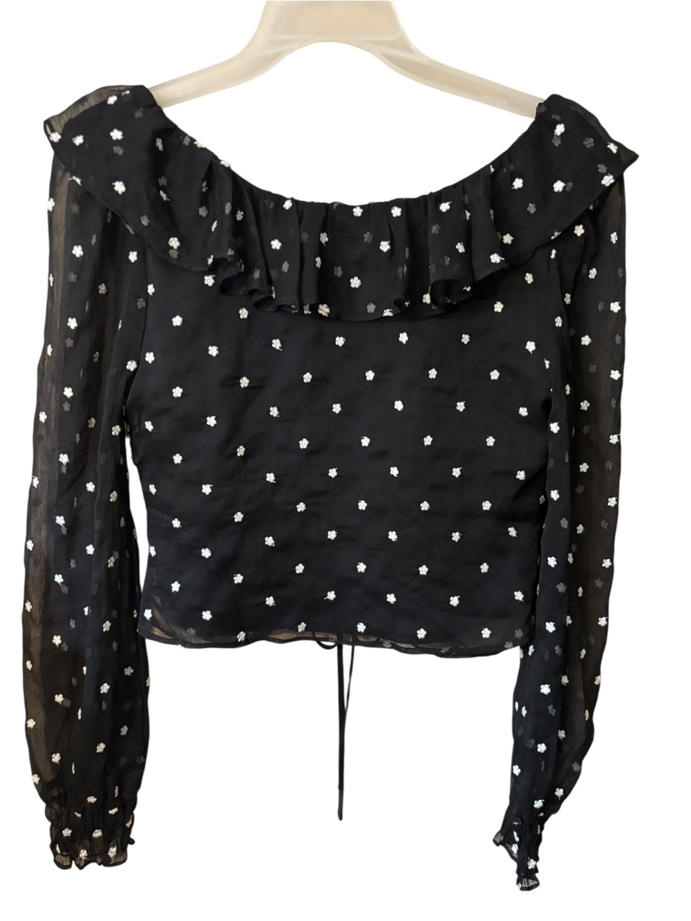 NWT Wayf Blouse XS Black White Floral Ruched Sheer Long-Sleeve Ruffle Crop Top - Picture 7 of 16